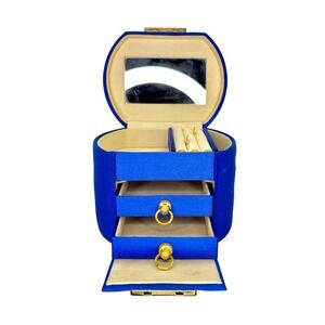Vintage Blue Travel Jewelry Box Case w/ Mirror Drawers & Keys Gold‎ Hardware